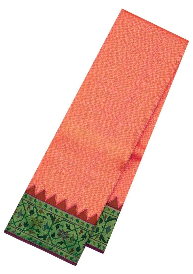 Peach Handloom Korvai Kanchipuram Silk Saree With Contrast Temple Border With Korvai And Temple Border Design For Women - Indya