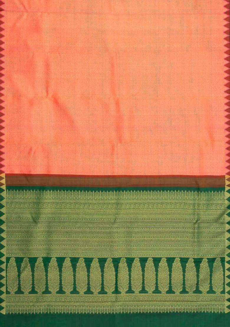 Peach Handloom Korvai Kanchipuram Silk Saree With Contrast Temple Border With Korvai And Temple Border Design For Women - Indya