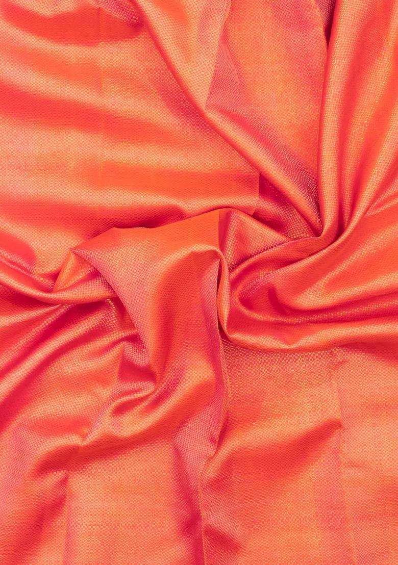 Peach Handloom Korvai Kanchipuram Silk Saree With Contrast Temple Border With Korvai And Temple Border Design For Women - Indya