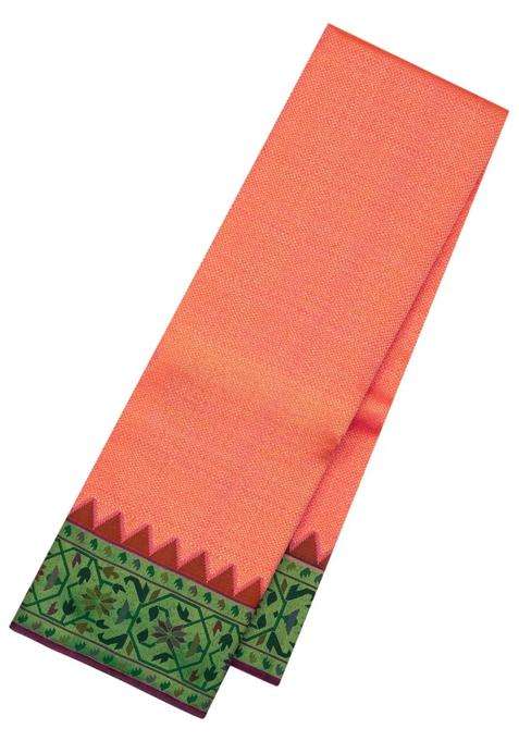 Peach Handloom Korvai Kanchipuram Silk Saree With Contrast Temple Border With Korvai And Temple Border Design For Women