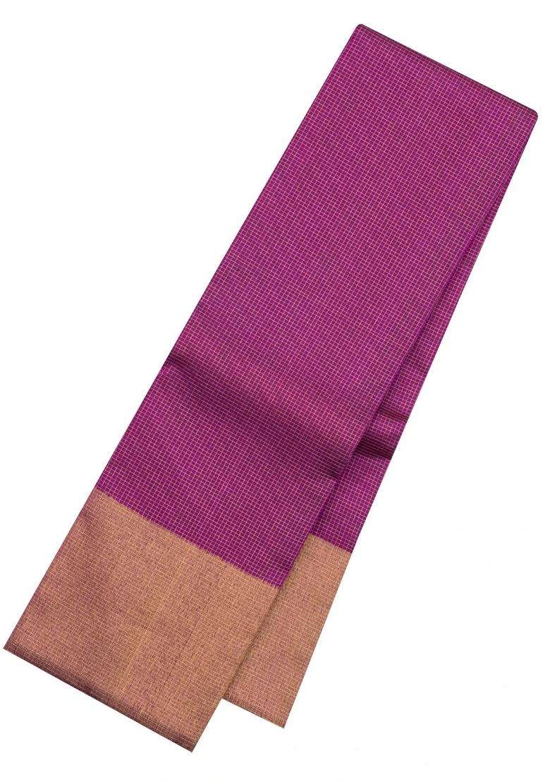 Magenta Handloom Kanchipuram Silk Saree With Zari Checks With Checks And Stripes Design For Women - Indya