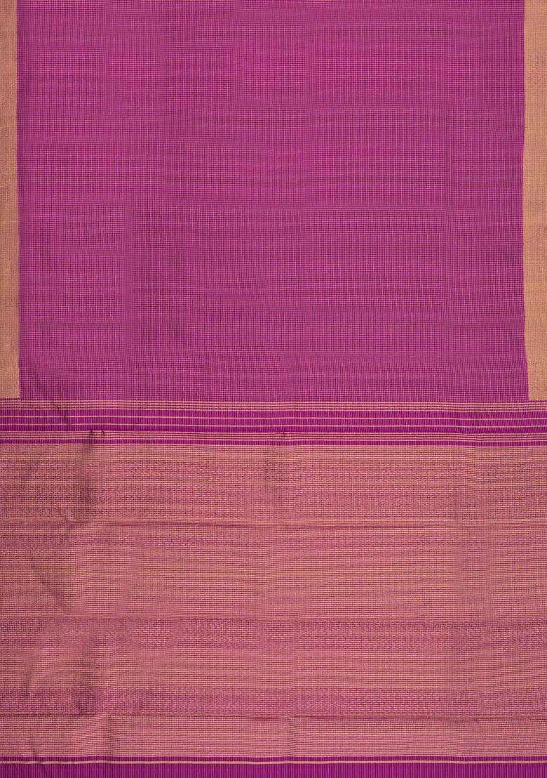 Magenta Handloom Kanchipuram Silk Saree With Zari Checks With Checks And Stripes Design For Women - Indya