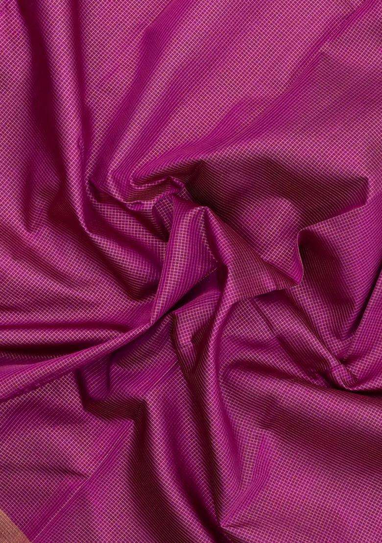 Magenta Handloom Kanchipuram Silk Saree With Zari Checks With Checks And Stripes Design For Women - Indya