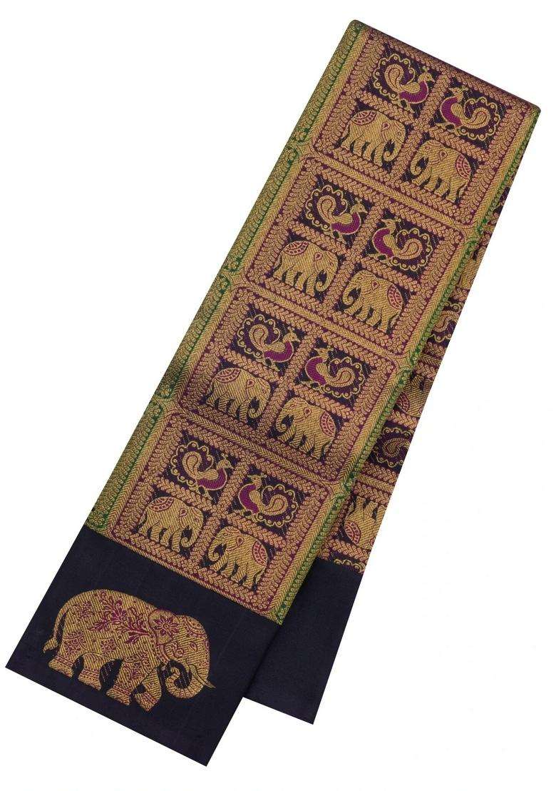 Black Handloom Kanchipuram Silk Saree With Meena Motifs With Buttas And Brocade Design For Women - Indya