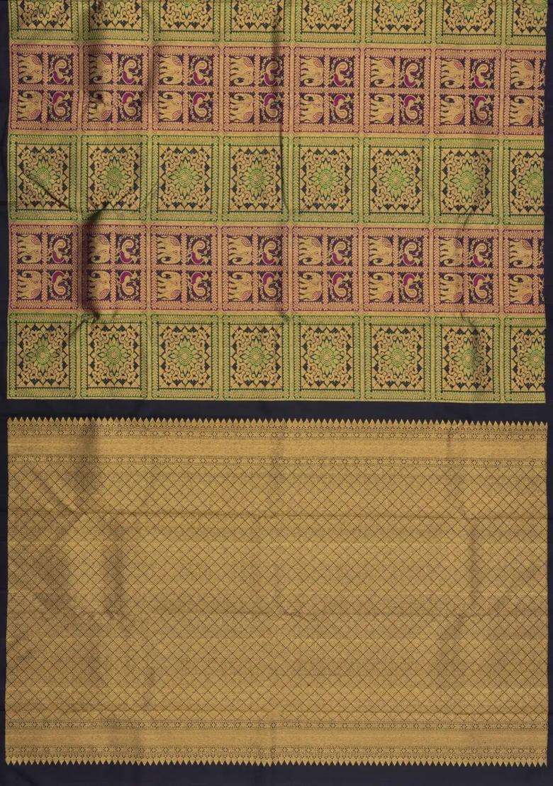 Black Handloom Kanchipuram Silk Saree With Meena Motifs With Buttas And Brocade Design For Women - Indya