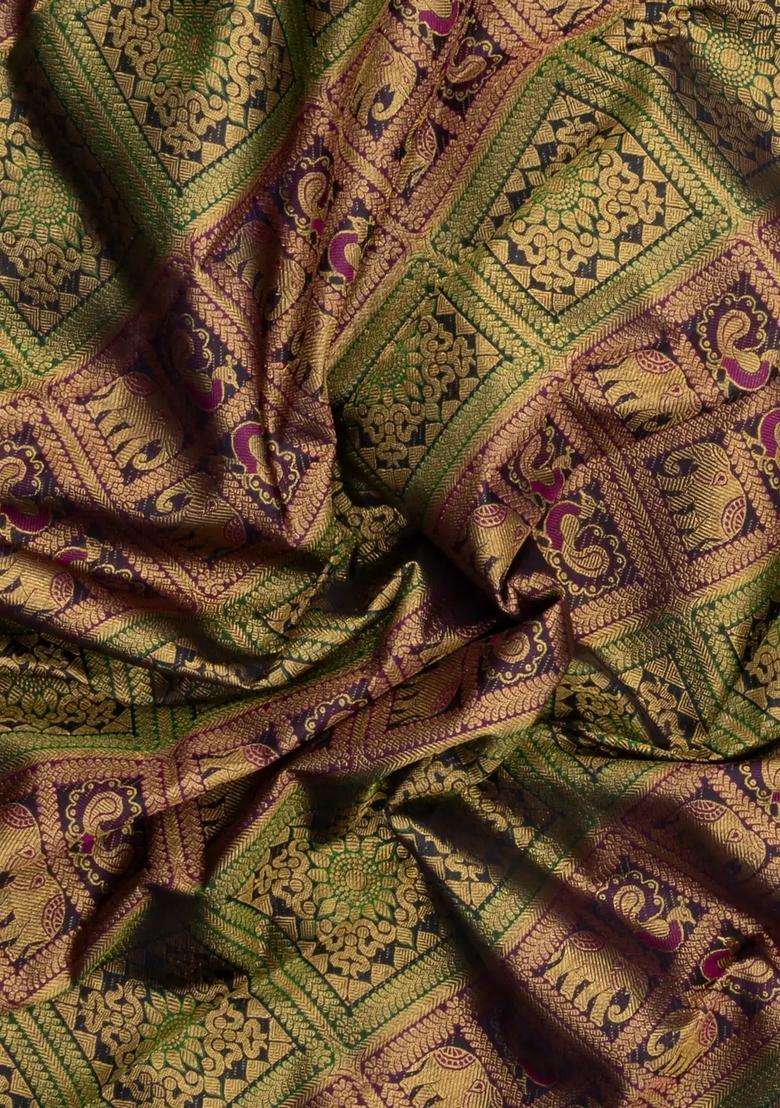 Black Handloom Kanchipuram Silk Saree With Meena Motifs With Buttas And Brocade Design For Women - Indya