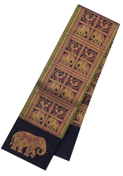 Black Handloom Kanchipuram Silk Saree With Meena Motifs With Buttas And Brocade Design For Women