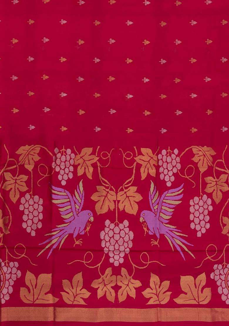 Red Handloom Uppada Silk Saree With Buttas Meena Pallu With Buttas And Brocade Design For Women - Indya