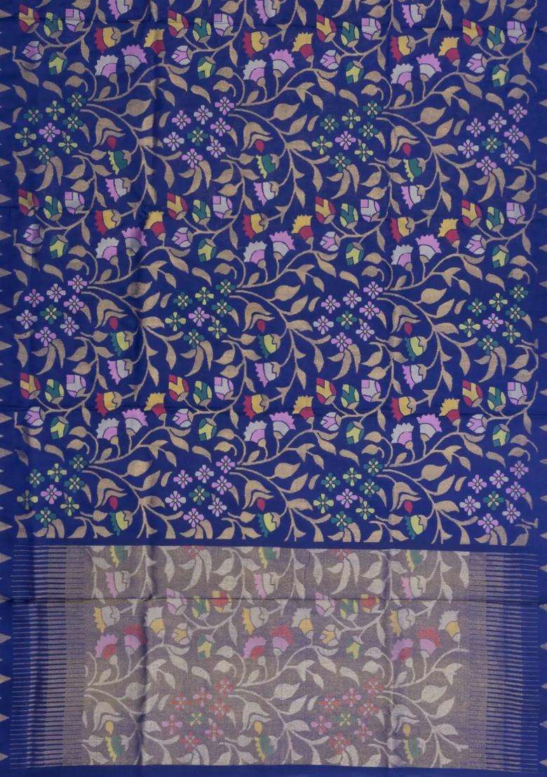 Dark Blue Handloom Uppada Silk Saree With Meena Floral Motifs With Buttas And Brocade Design For Women - Indya