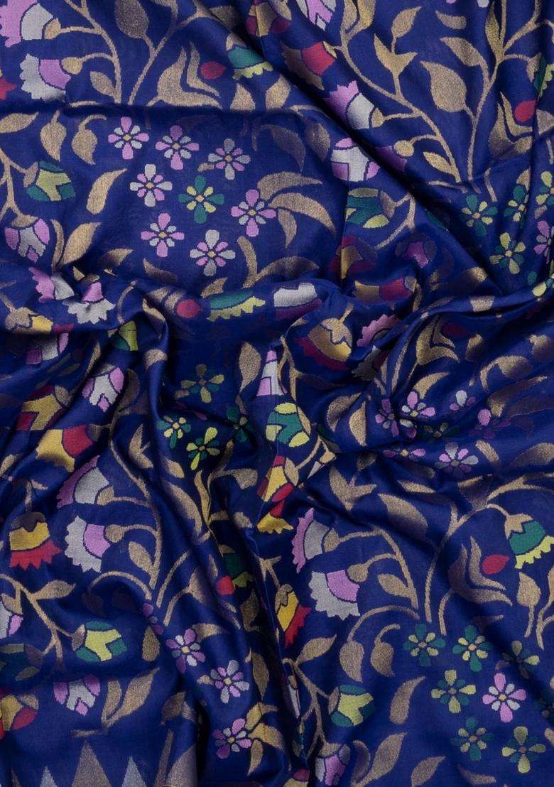 Dark Blue Handloom Uppada Silk Saree With Meena Floral Motifs With Buttas And Brocade Design For Women - Indya
