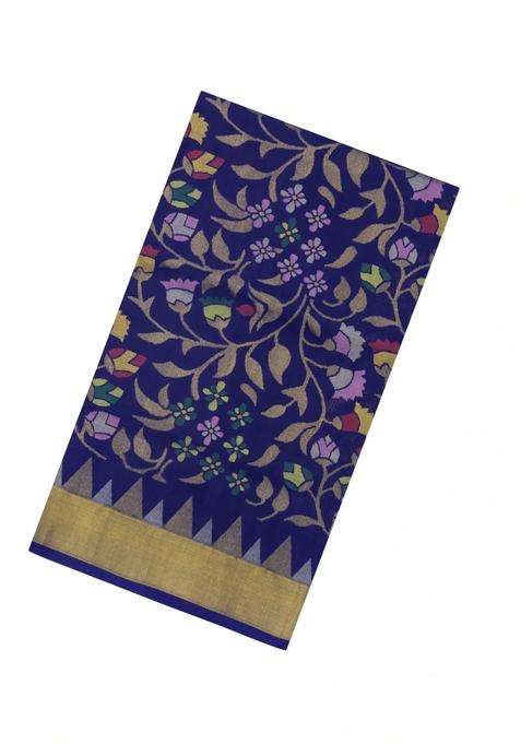 Dark Blue Handloom Uppada Silk Saree With Meena Floral Motifs With Buttas And Brocade Design For Women