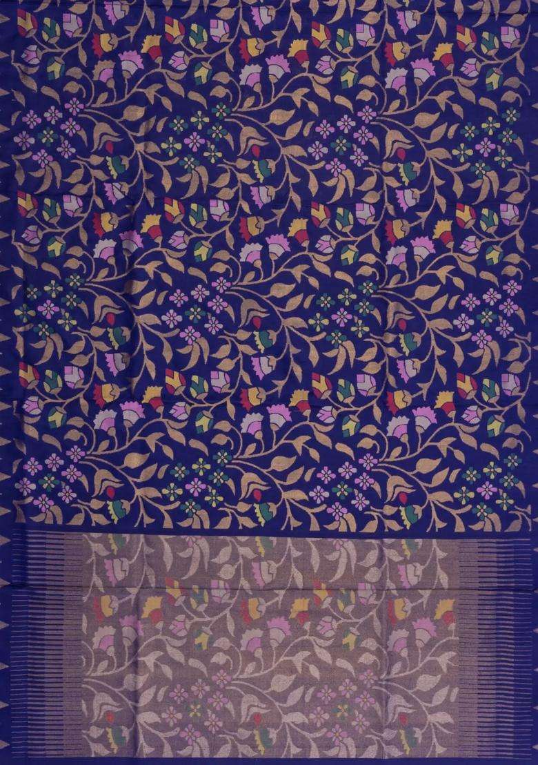 Violet Handloom Uppada Silk Saree With Meena Floral Motifs With Buttas And Brocade Design For Women - Indya