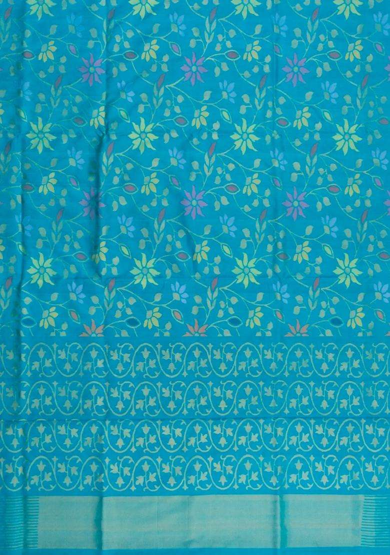Cyan Handloom Uppada Silk Saree With Meena Floral Motifs With Buttas And Brocade Design For Women - Indya