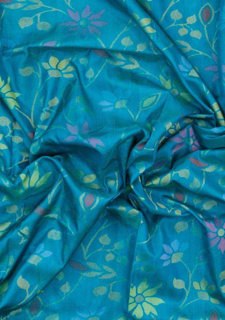 Cyan Handloom Uppada Silk Saree With Meena Floral Motifs With Buttas And Brocade Design For Women - Indya