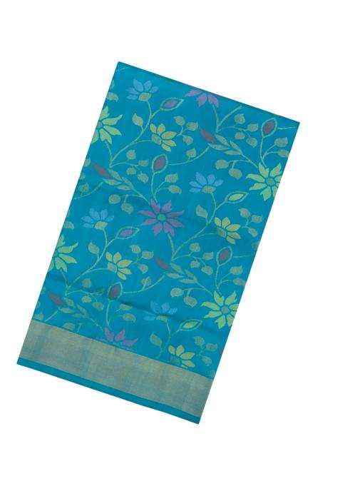 Cyan Handloom Uppada Silk Saree With Meena Floral Motifs With Buttas And Brocade Design For Women