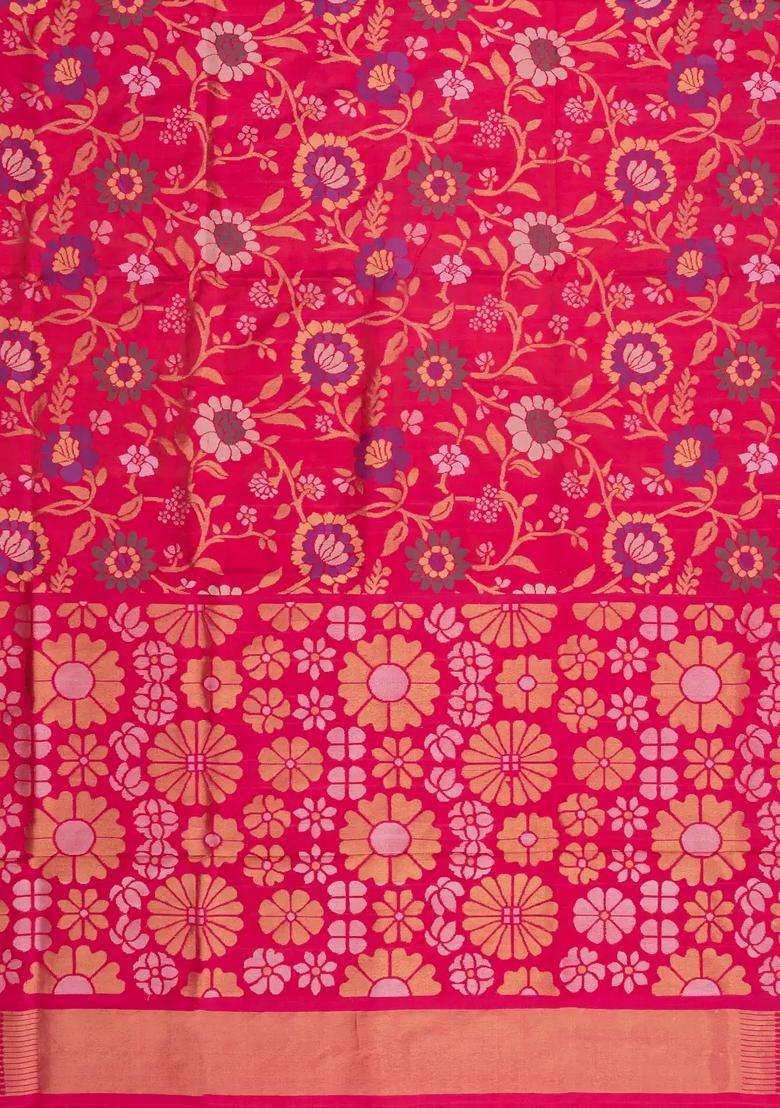 Pink Handloom Uppada Silk Saree With Meena Floral Motifs With Buttas And Brocade Design For Women - Indya