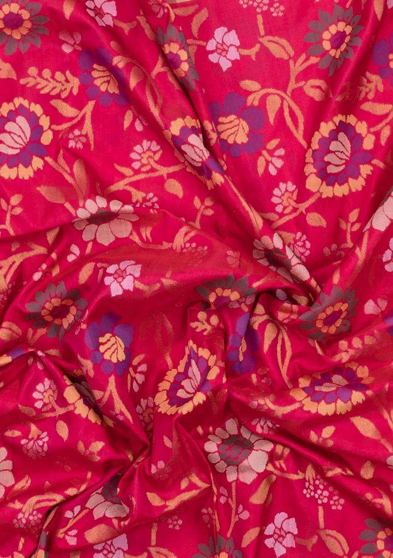 Pink Handloom Uppada Silk Saree With Meena Floral Motifs With Buttas And Brocade Design For Women - Indya