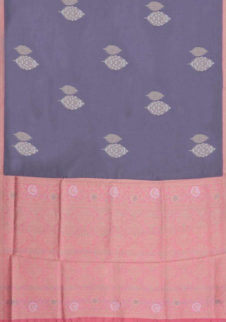 Grey Woven Aura Art Silk Saree With Zari Buttas Contrast Border With Jhalar With Buttas And Brocade Design For Women - Indya