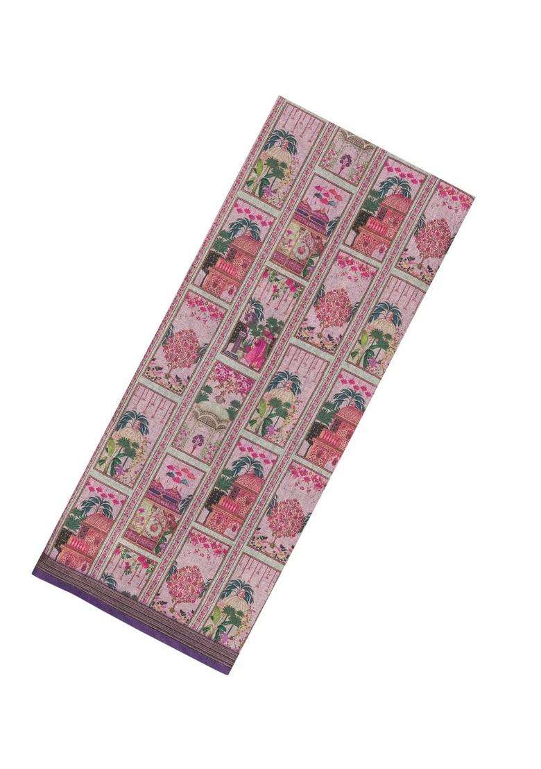 Peach Printed Art Linen Saree With Zari Border For Women - Indya