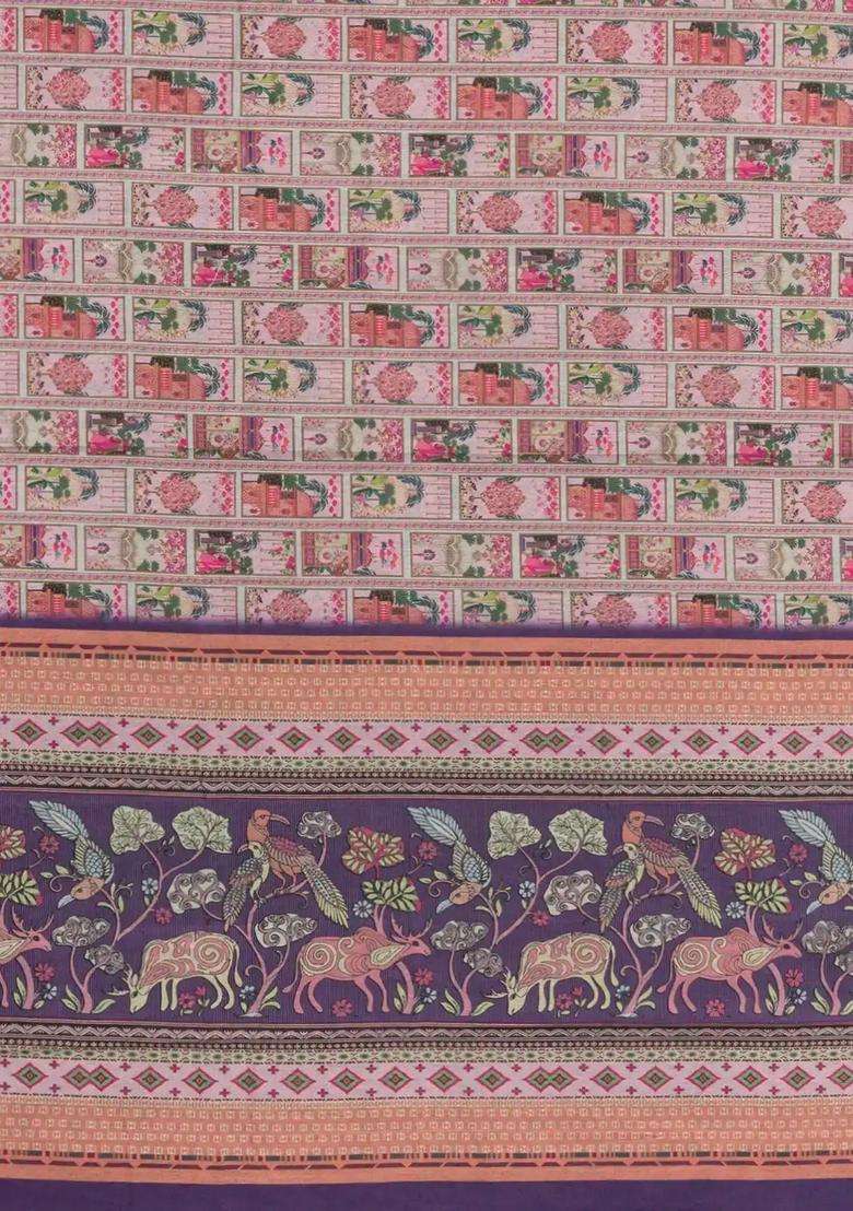 Peach Printed Art Linen Saree With Zari Border For Women - Indya
