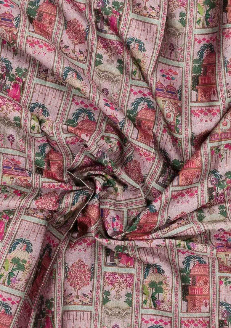 Peach Printed Art Linen Saree With Zari Border For Women - Indya
