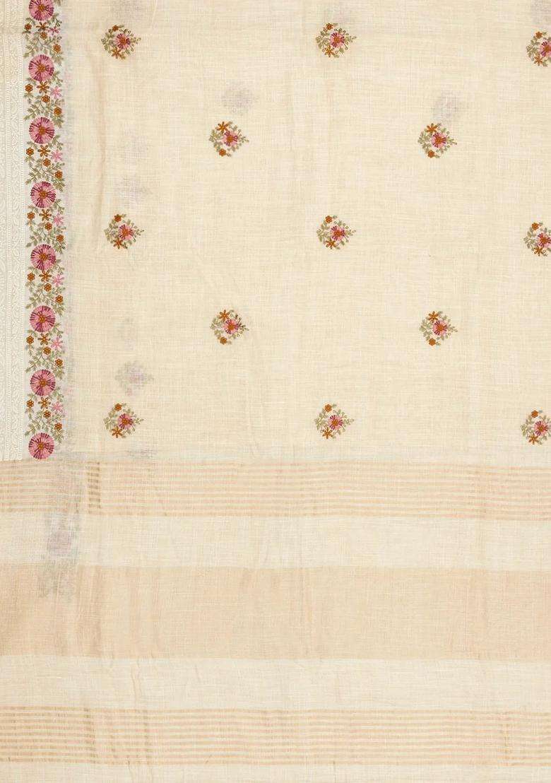 Cream Woven Art Linen Saree With Embroidered Buttas Border For Women - Indya