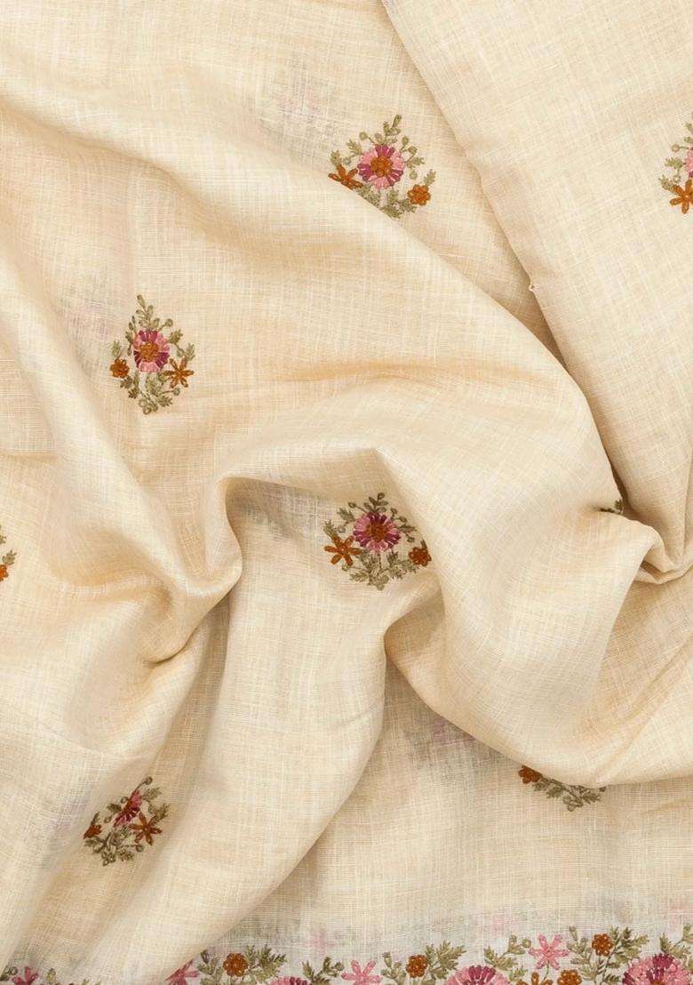 Cream Woven Art Linen Saree With Embroidered Buttas Border For Women - Indya