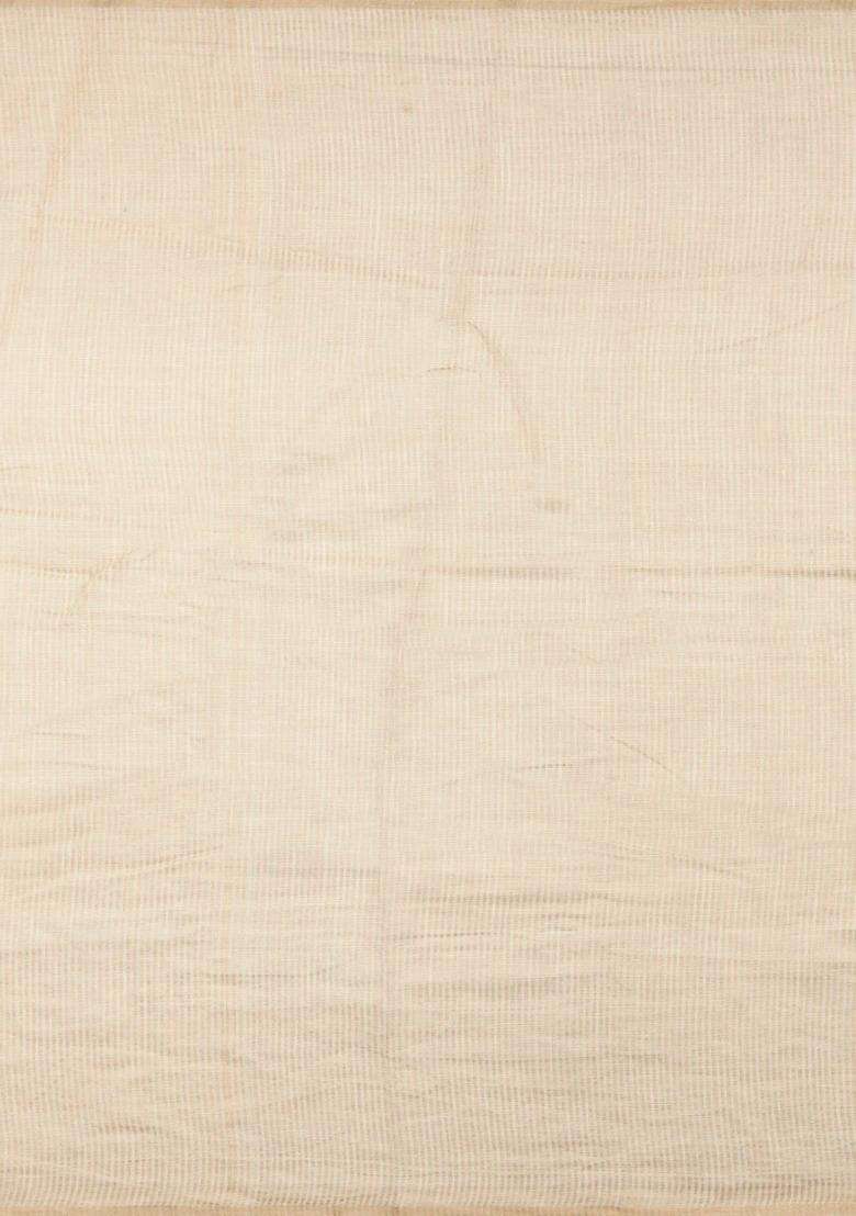 Cream Woven Art Linen Saree With Embroidered Buttas Border For Women - Indya