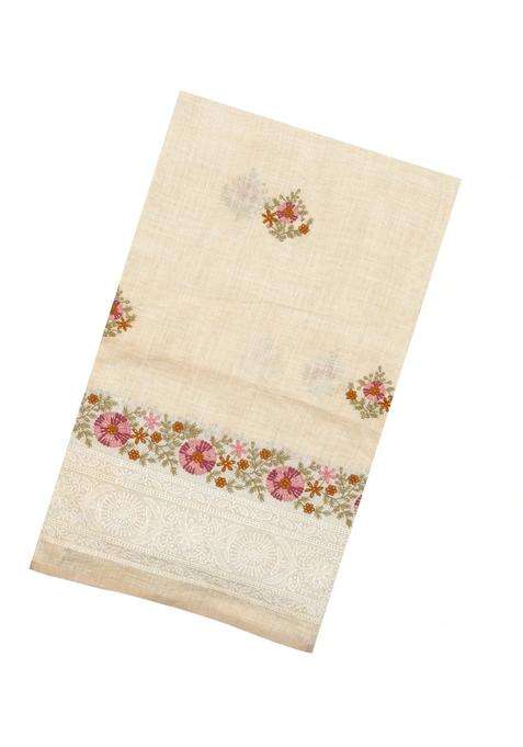 Cream Woven Art Linen Saree With Embroidered Buttas Border For Women