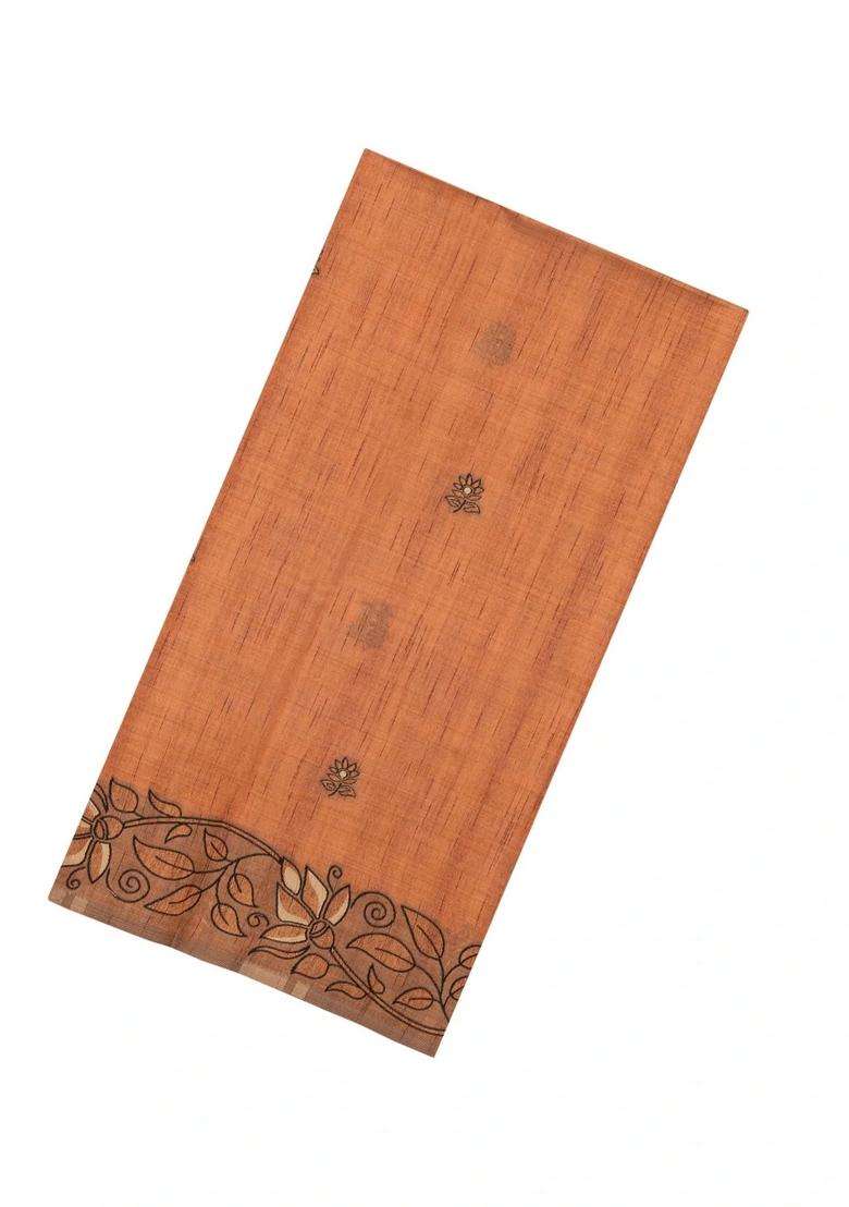 Rust Printed Synthetic Dupion Art Silk Saree With Floral Motifs For Women - Indya