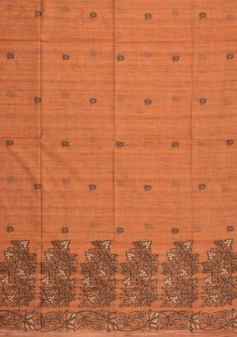 Rust Printed Synthetic Dupion Art Silk Saree With Floral Motifs For Women - Indya
