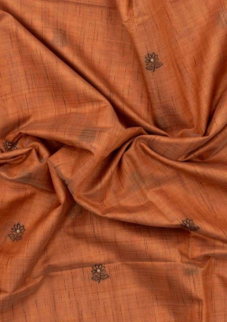 Rust Printed Synthetic Dupion Art Silk Saree With Floral Motifs For Women - Indya