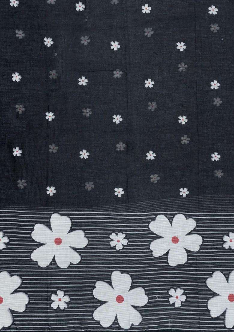 Black Printed Art Linen Saree Flower Motifs With Jhalar For Women - Indya