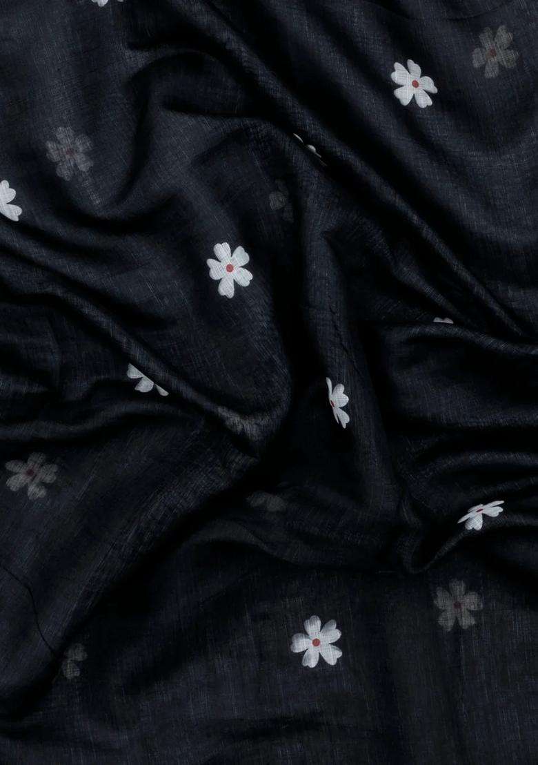 Black Printed Art Linen Saree Flower Motifs With Jhalar For Women - Indya