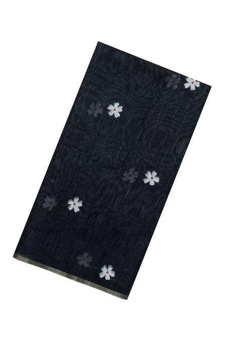 Black Printed Art Linen Saree Flower Motifs With Jhalar For Women