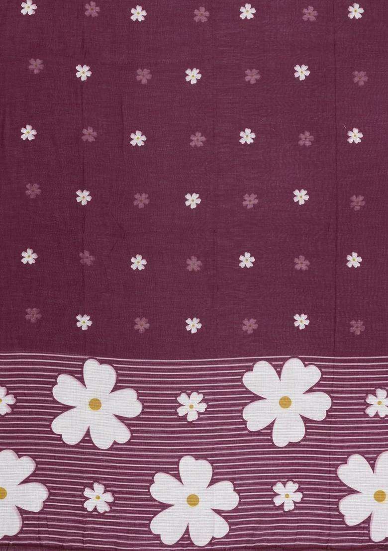 Lilac Printed Art Linen Saree Flower Motifs With Jhalar For Women - Indya
