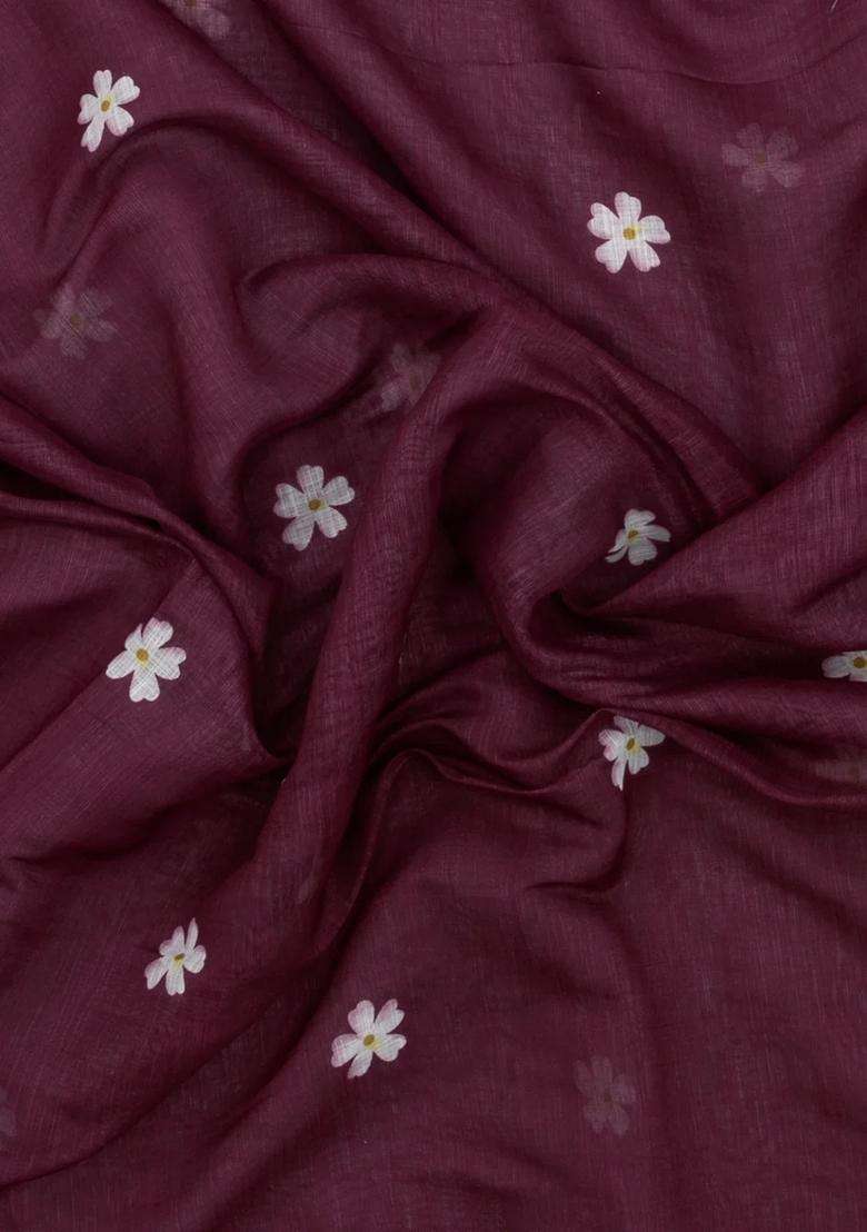 Lilac Printed Art Linen Saree Flower Motifs With Jhalar For Women - Indya