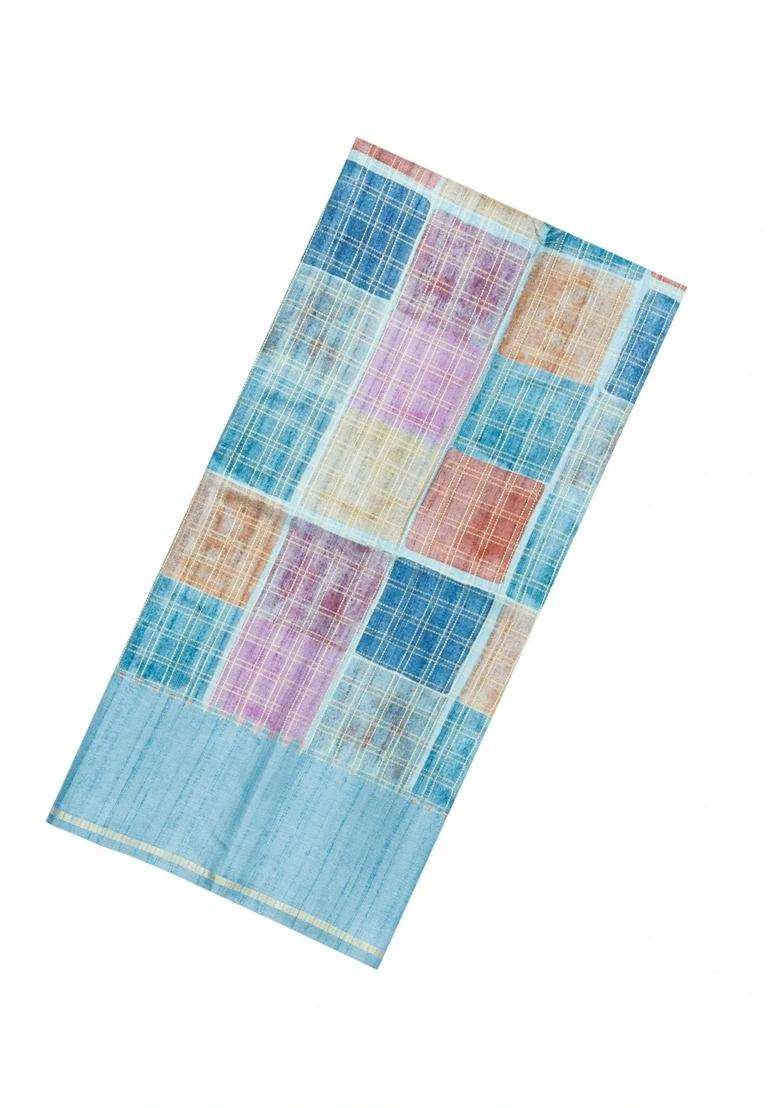 Light Blue Printed Synthetic Dupion Art Silk Saree With Checks Contrast Border For Women - Indya