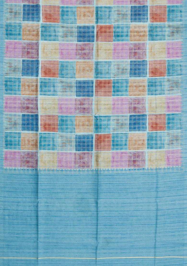 Light Blue Printed Synthetic Dupion Art Silk Saree With Checks Contrast Border For Women - Indya