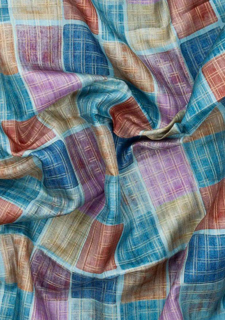 Light Blue Printed Synthetic Dupion Art Silk Saree With Checks Contrast Border For Women - Indya