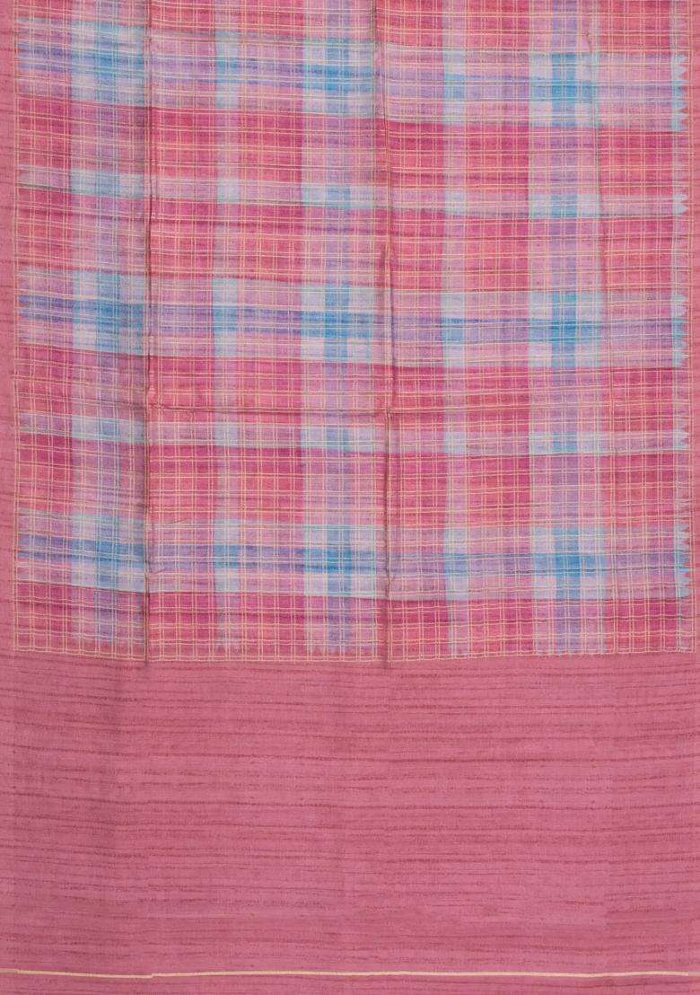 Peach Printed Synthetic Dupion Art Silk Saree With Checks Contrast Border For Women - Indya