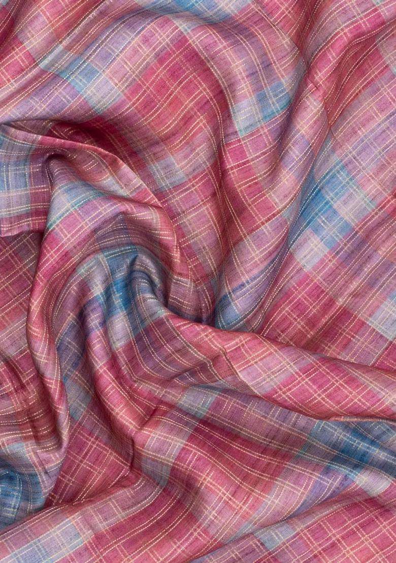Peach Printed Synthetic Dupion Art Silk Saree With Checks Contrast Border For Women - Indya