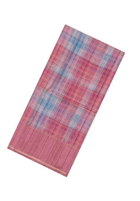 Peach Printed Synthetic Dupion Art Silk Saree With Checks Contrast Border For Women