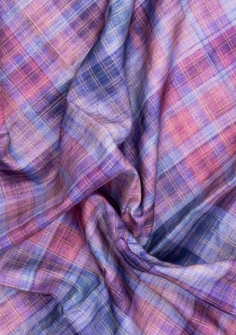Lavander Lavender Printed Synthetic Dupion Art Silk Saree With Checks Contrast Border For Women - Indya