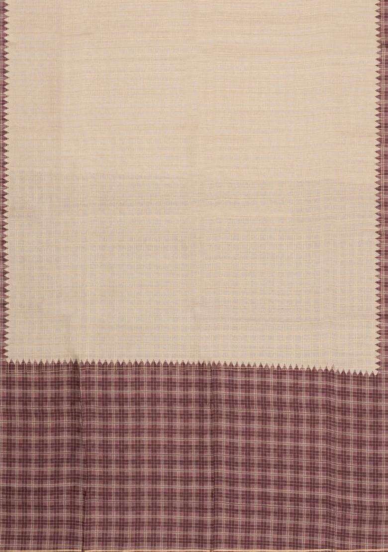 Taupe Printed Synthetic Dupion Art Silk Saree With Checks Contrast Border For Women - Indya