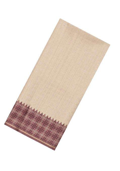 Taupe Printed Synthetic Dupion Art Silk Saree With Checks Contrast Border For Women