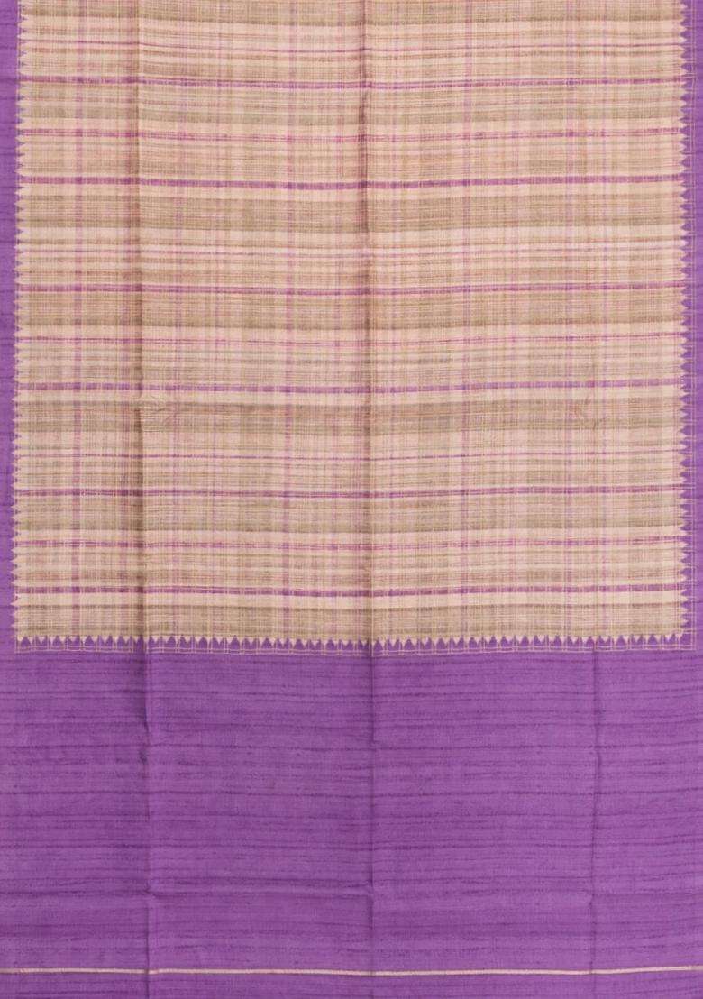 Beige Printed Synthetic Dupion Art Silk Saree With Checks Contrast Border For Women - Indya