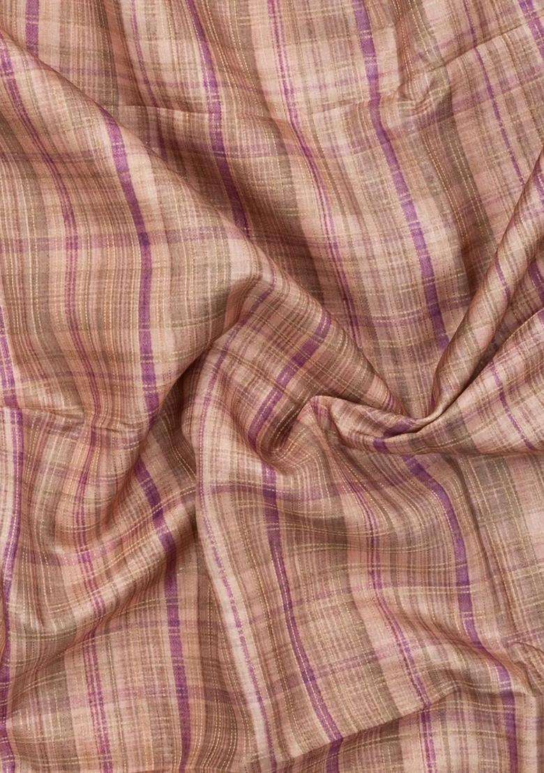Beige Printed Synthetic Dupion Art Silk Saree With Checks Contrast Border For Women - Indya