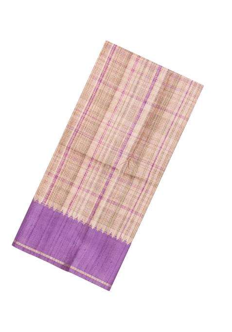 Beige Printed Synthetic Dupion Art Silk Saree With Checks Contrast Border For Women
