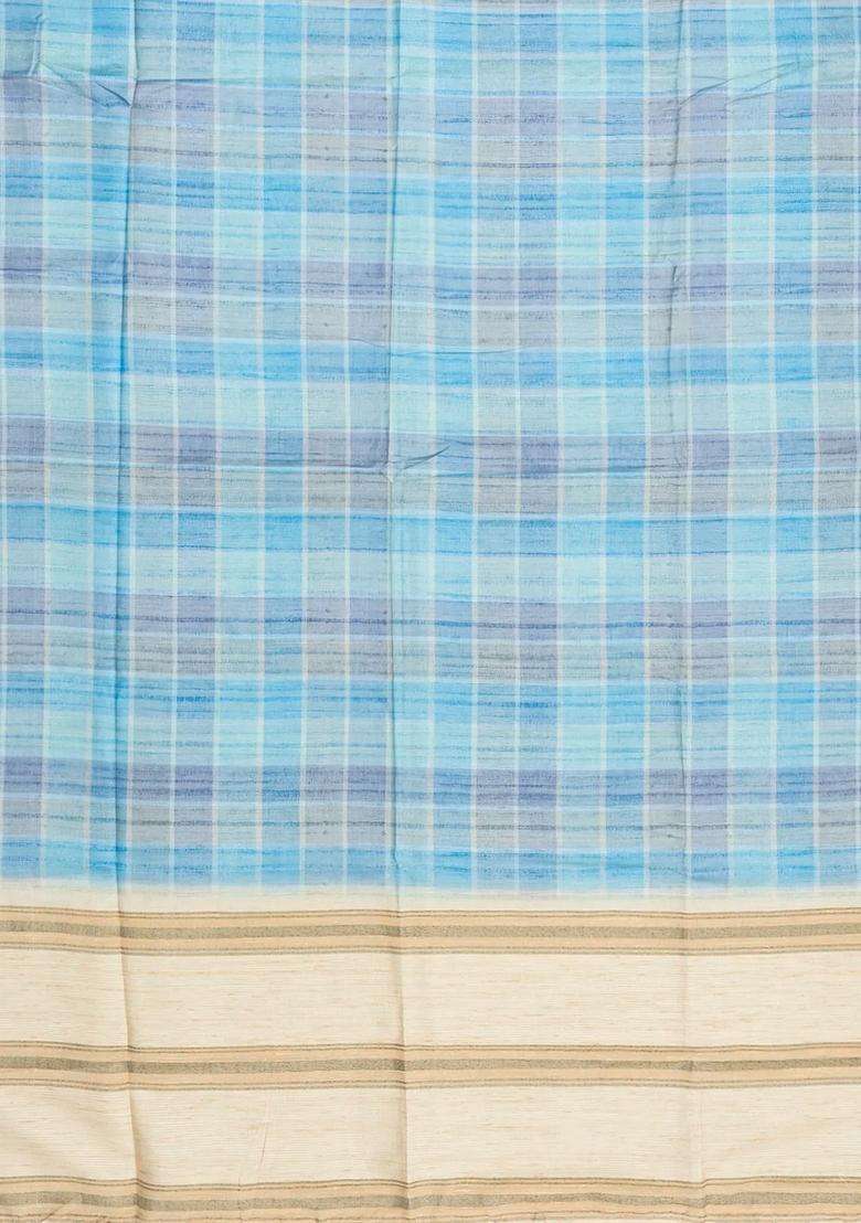 Light Blue Printed Synthetic Dupion Art Silk Saree With Stripes For Women - Indya